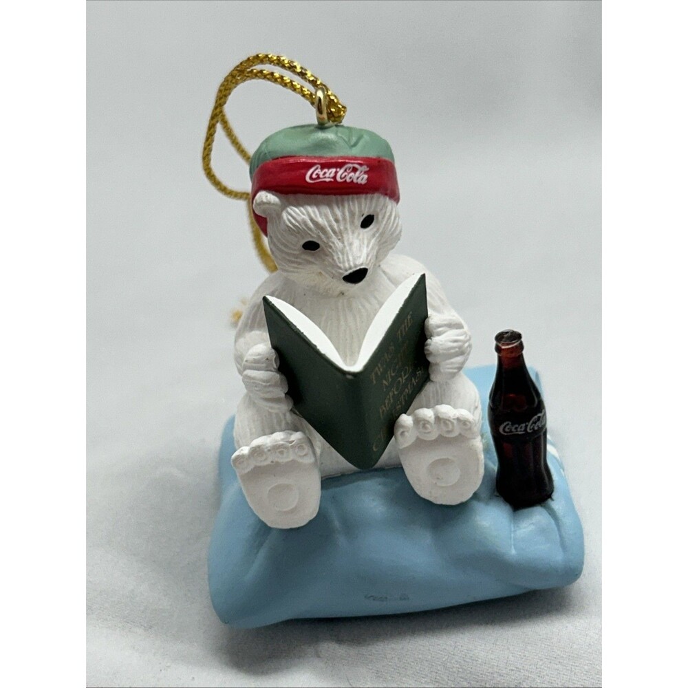 1997 Coca Cola Polar Bear Christmas Ornament Vintage Coke Reading Book On Pillow